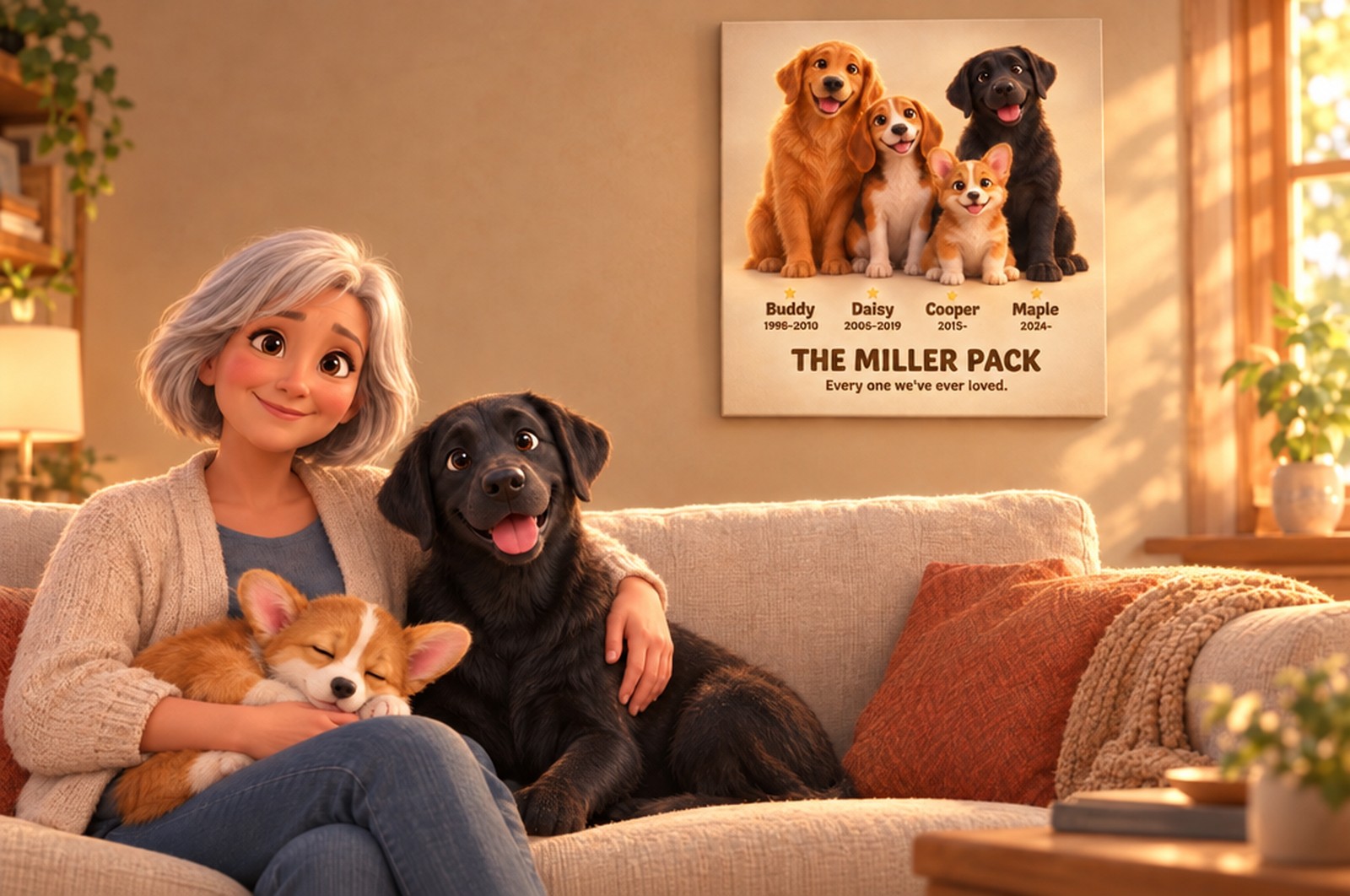 An animated grandmother on a sofa with her black lab and corgi puppy, beneath a Pack Portrait of all four of her dogs