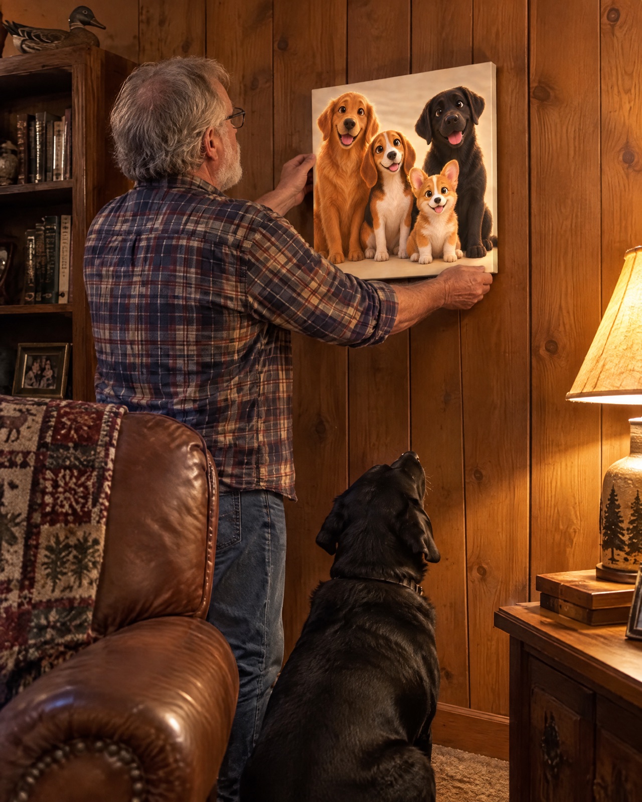 Customer photo of a man hanging the portrait in his den