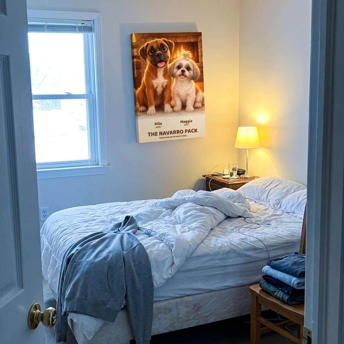 An animated-look portrait of two dogs hanging above a bed