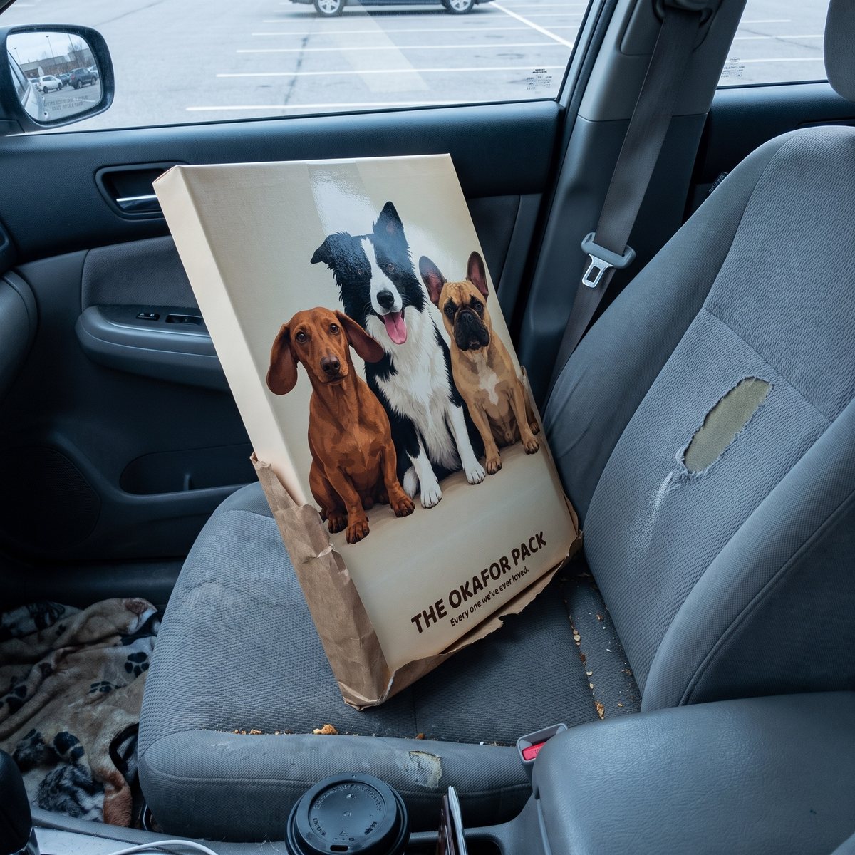 A modern-look portrait of three dogs on a car seat, just collected