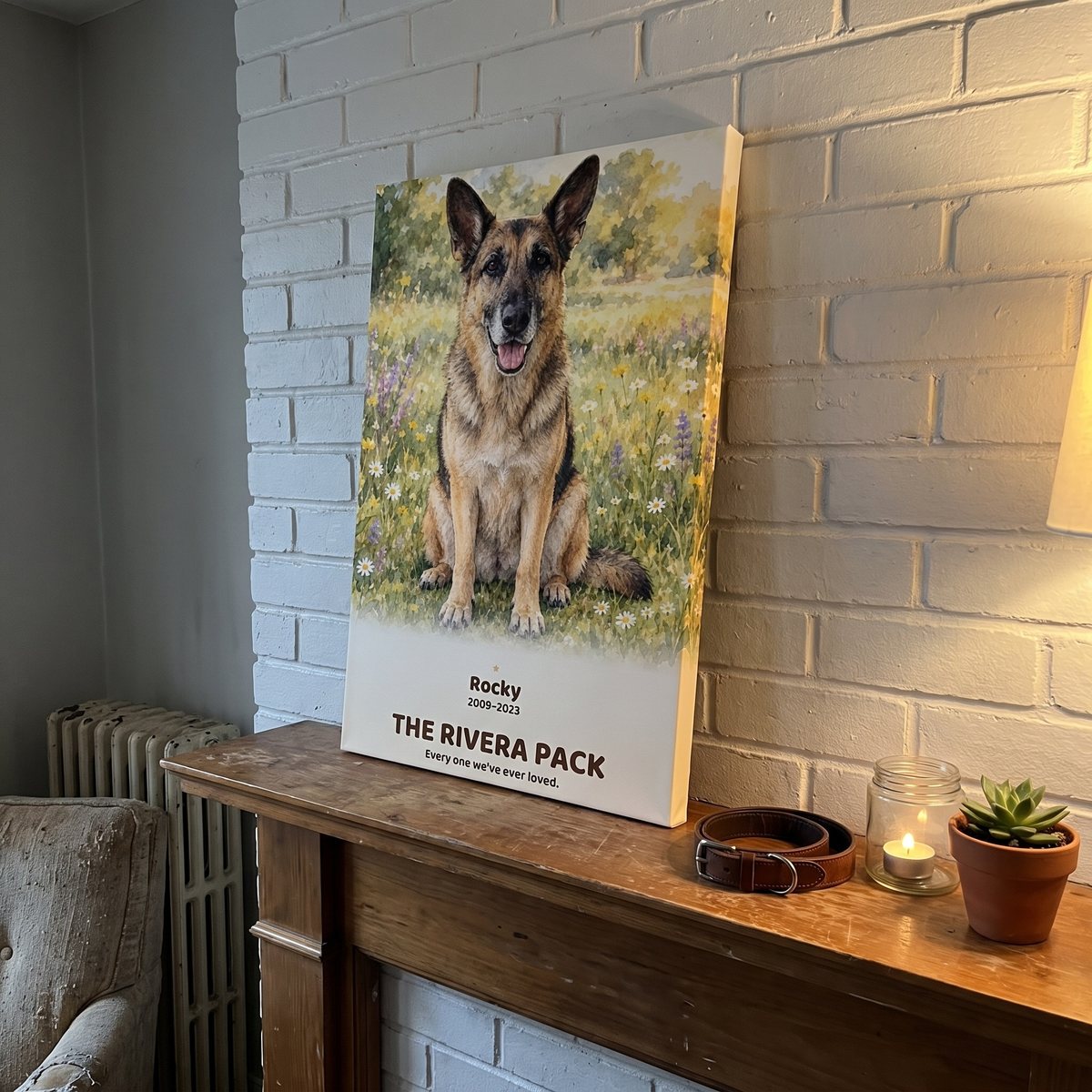 A watercolour portrait of a German Shepherd propped on a fireplace mantel beside his collar